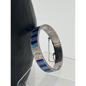 VINTAGE STERLING 925 Blue Green Aqua ENAMEL HINGEd BRACELET Bangle Clasp Closure